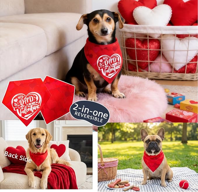 Holiday Dog Bandanas Reversible Dad-Pup Bandana 2-in-1 Heart Print & My Dad is My, X-Large, Large