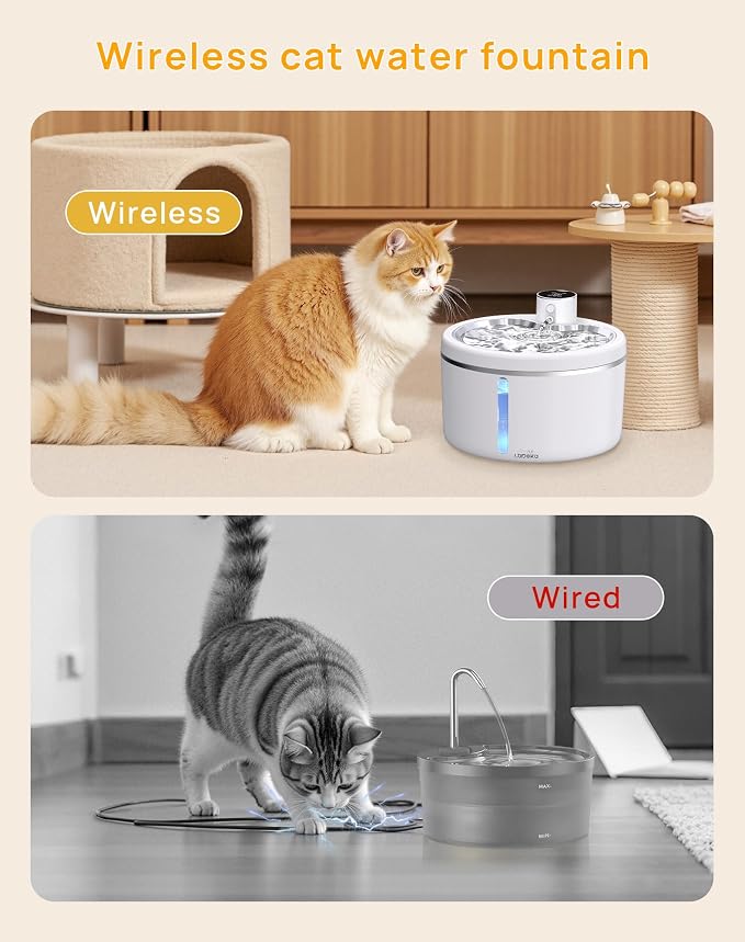 Wireless Cat Water Fountain [with Stainless Steel Tray], 102oz/3L Pet Fountain for Cats Inside, Cat Fountain for Drinking with Motion Sensor, Ultra Quiet for Small Animals-[BPA-Free] (102oz+2Filters)