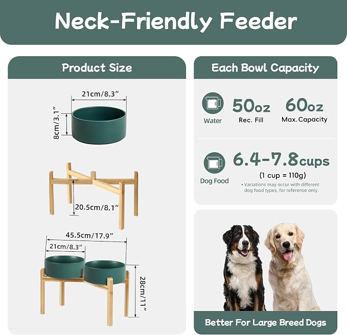 Havniva 8.3” Dog Bowls Elevated Ceramic Dog Food and Water Bowl Set, Double Raised Dog Water Bowl with Stand Non-Slip Rubber Base Large Capacity Feeding Pet Food Bowl for Large Dogs