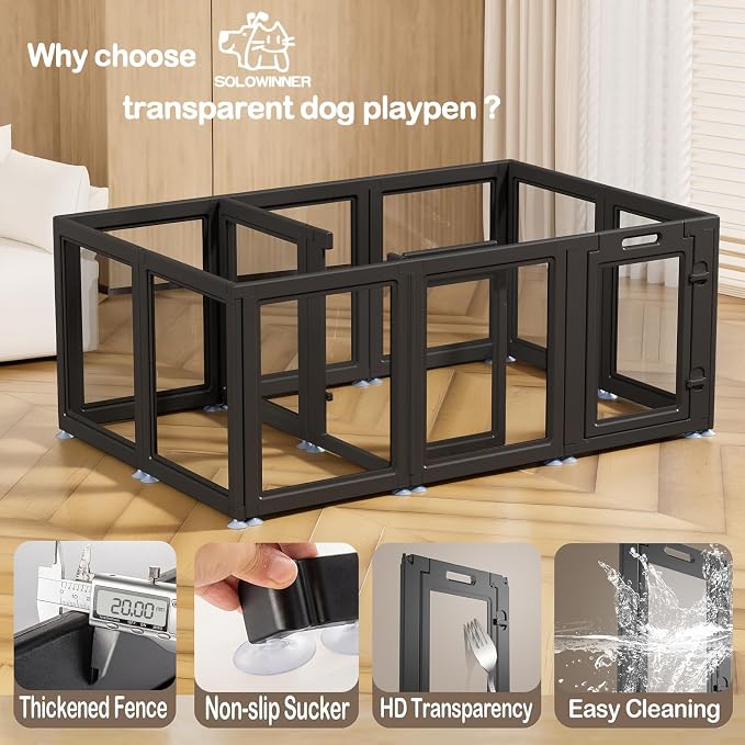 Clear Acrylic Dog Playpen Transparent Dog Playpen Indoor, Easy Assemble Clear Pet Pen for Puppy Bunny Cat Pig, Sturdy & Easy Cleaning Plastic Dog Puppy Fence