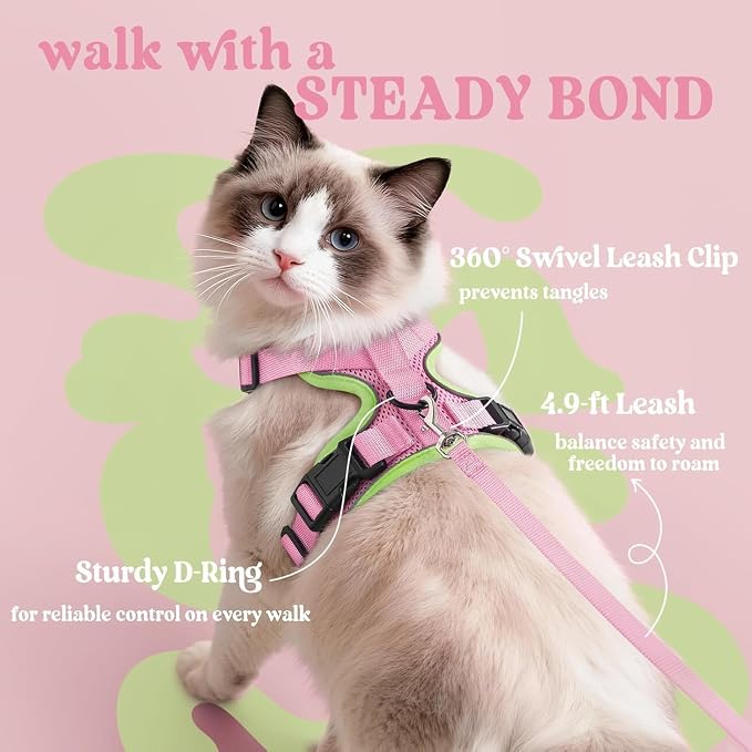 rabbitgoo Cat Harness and Leash Set, Escape Proof Vest, Pink & Light Green | Soft Breathable Mesh, Easy Adjustable Fit, Snap Buckles, Sturdy Clip, Reflective Strips, for Average Cats Walks, S