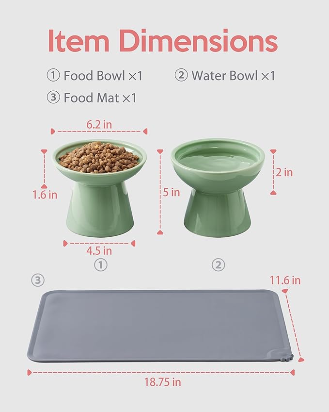 CEEFU 2 Elevated Ceramic Cat Bowls Upgraded with Food Mat, Extra Wide for Food & Water – Whisker Fatigue Shallow Food Dish, Lead & Cadmium-Free, Raised Height for Cats, Sage Green