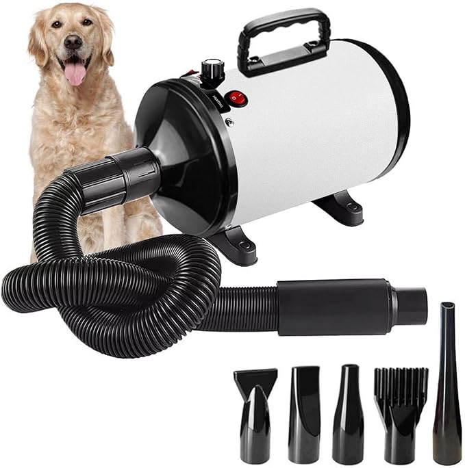 Dog Hair Dryer for Pet Grooming, High-Velocity Blow Dryer, Adjustable Speed and Temperature, Noise Reduction, 5 Nozzles for Efficient Drying
