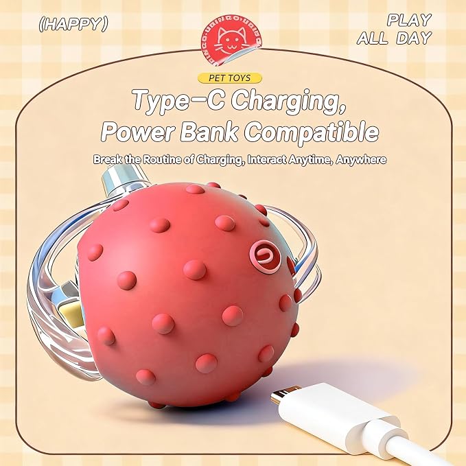 Interactive Cat Toy, Auto Chirping Ball w/ 3 Tails, Self Play Indoor | USB-C charge, 2 modes, obstacle avoid, soft TPE tails, quiet, LED, durable ABS, Easter gift boredom relief red