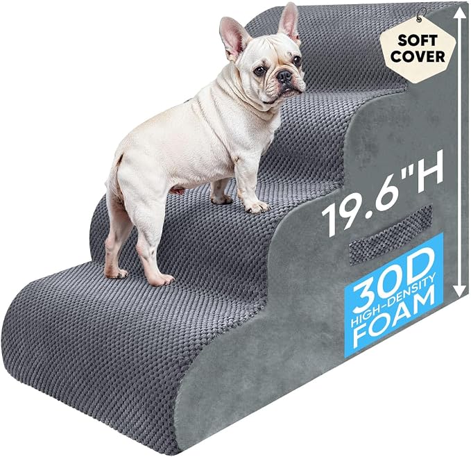 PAWSCRAT Pet Stairs for Dogs 4-Step, 19.6" H Pet Stairs for High Bed, Couch Sofa & Chair, 30D Material Soft Foam Dog Steps with Non-Slip Bottom Surface Removable Washable Cover, Grey