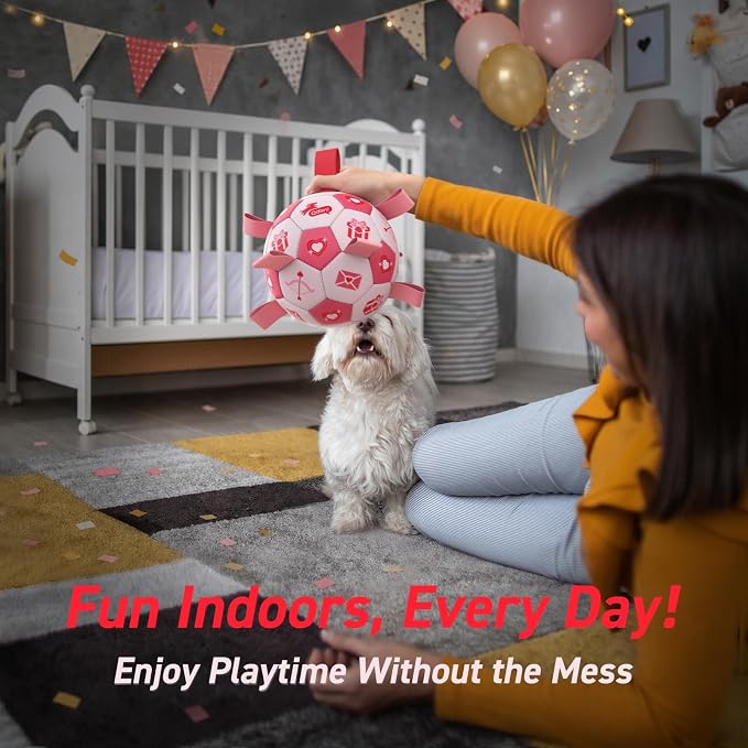 QDAN Dog Birthday Toys, Pink Soccer Ball with Straps, Interactive Tug of War Toy, Puppy Birthday Gifts, Water Toy, Durable Dog Balls for Medium Large (8 Inch)