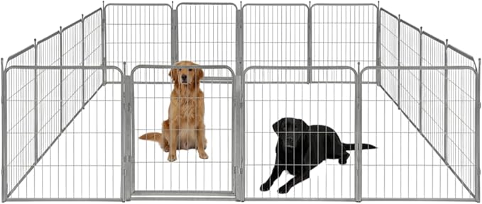 Indoor Dog Playpen - 32 inch, 16 Panels for Small and Medium Size Dogs - Play Pen w/Extra Wide Gate - Heavy Duty Metal Portable Pet Fence with Grey Anti-Rust Coating