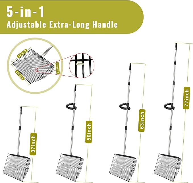 Metal Chicken Poop Scooper, 5-in-1 Detachable Chicken Coop Scoop Rake, Long Stainless Steel Handle, Chicken Litter Scoop Sifting Shovel Chicken Coop Scooper for Sand (15inch Large)