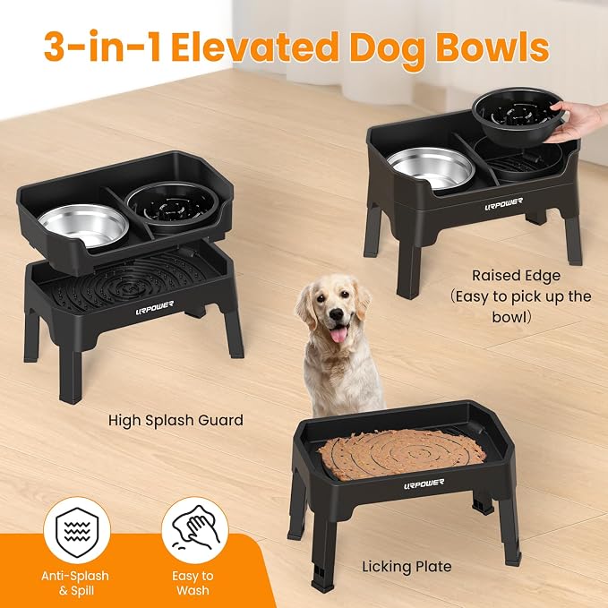 URPOWER 3-in-1 Elevated Dog Bowls - Mess Proof Double Deck 4 Height Adjustable Raised Stand with Stainless Steel Bowl & Slow Feeder & Licking Plate for Small, Medium & Large Dogs