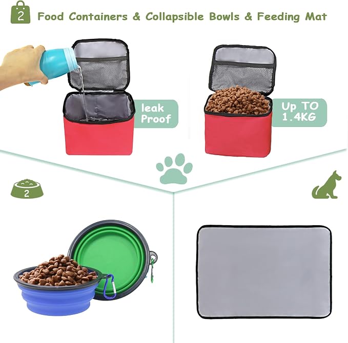WOLT Dog Travel Bag with Bowls, Food Containers & Place Mat, Red