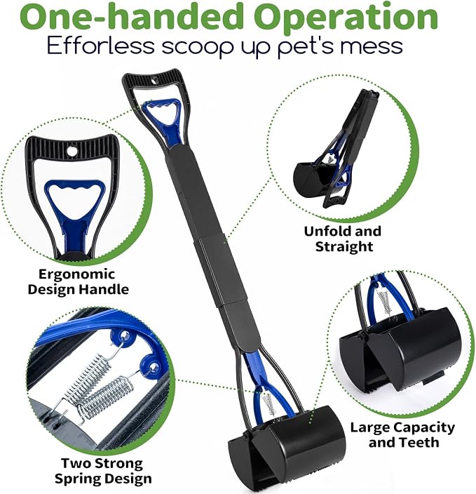 28" Pooper Scooper with Bags & Dispenser Attachment, Long Handle Dog Poop Scooper for Large/Small Dogs, High Strength Spring No-Bend Poop Scoop, Foldable Poop Picker Upper for Grass/Gravel Pick Up