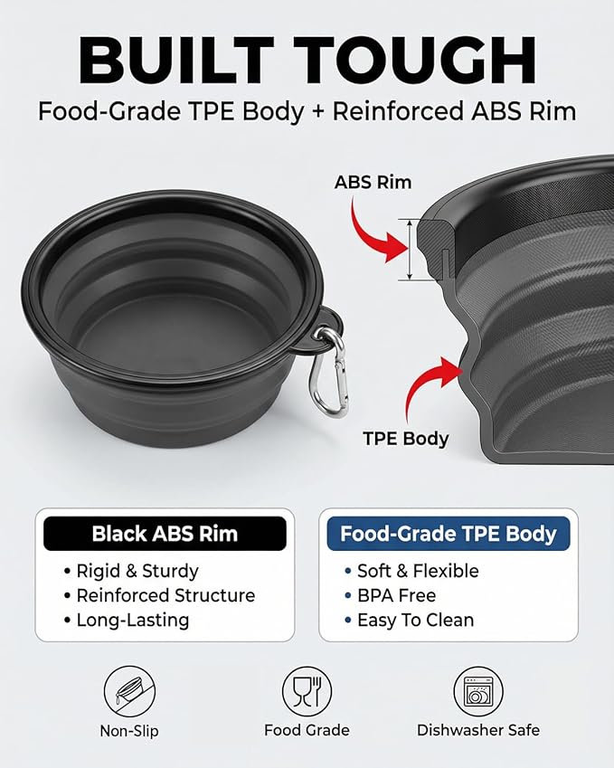 Collapsible Dog Bowls, 2 Pack, with Carabiners, Grey & Black, Medium