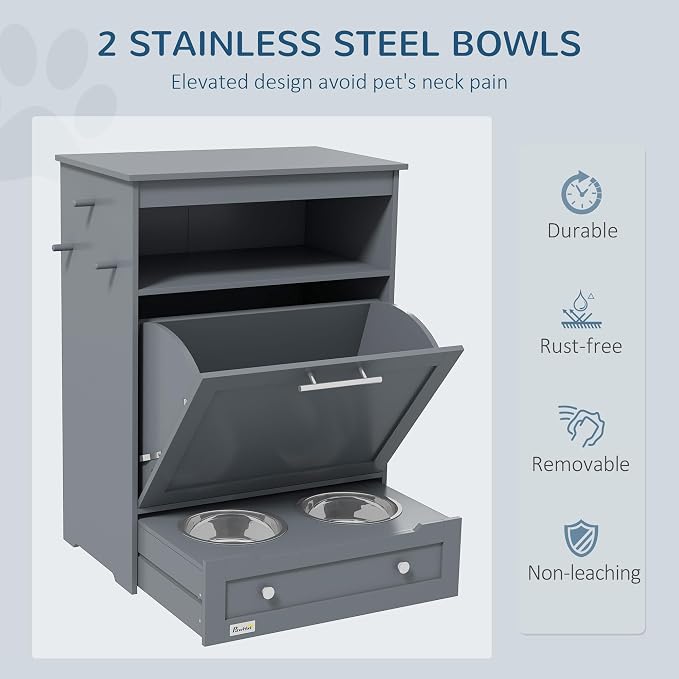 PawHut Dog Feeding Station with Raised Bowls, Dog Food Storage Cabinet with Hanger for Feeding & Watering Supplies, Pet Feeder Station, Gray