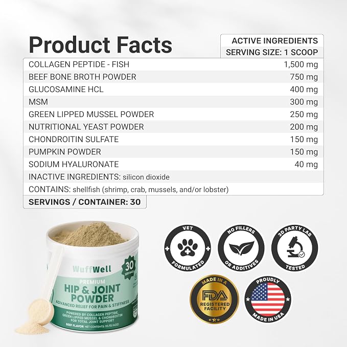 WuffWell Joint Supplement for Dogs with Collagen & Glucosamine - USA Made