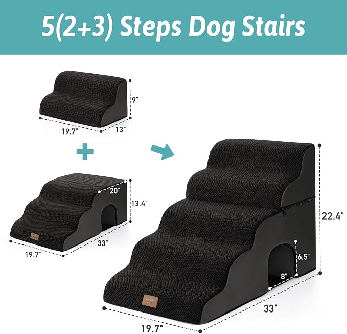 COZY KISS Small Dog Stairs with Tunnel, 5 Step Pet Ramp for High Bed | Curved Stable Dog Step for Puppy, Older Cat, Senior, Medium, Short-Legged Dog, Non-Slip Ladder for Car, 22.4" H, Black