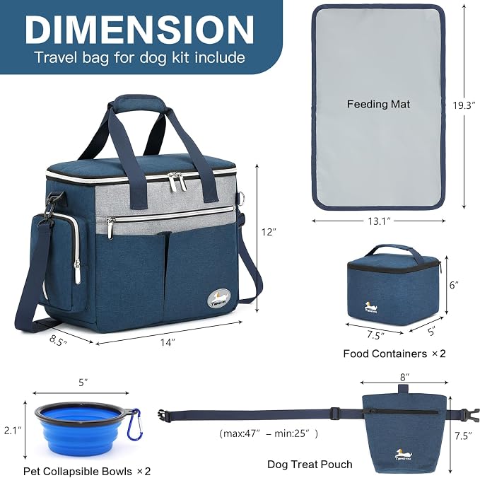 Dog Travel Bag 7-Piece Set with Food Containers, Bowls & Treat Pouch, Navy Blue