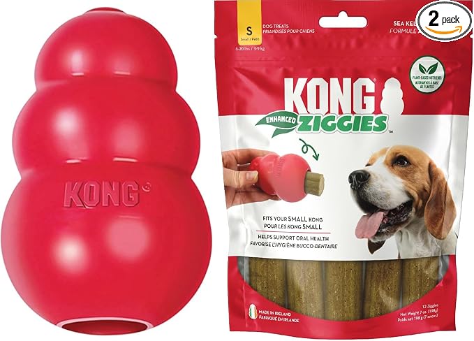 KONG Classic Toy and Enhanced Ziggies Treats Combo, for Small Dogs | Durable Stuffable Classic Toy Paired with Enhanced Ziggies Treats for Fun, Enrichment & Dental Health