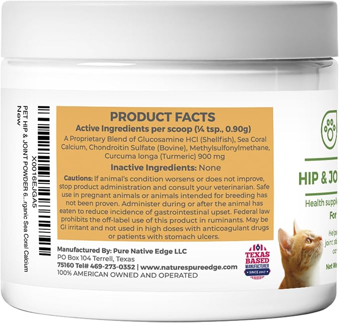Nature's Pure Edge Glucosamine Powder for Dogs and Cats - Joint Supplement with Chondroitin MSM and Turmeric for Hip and Joint Support - Senior Friendly Formula 170g