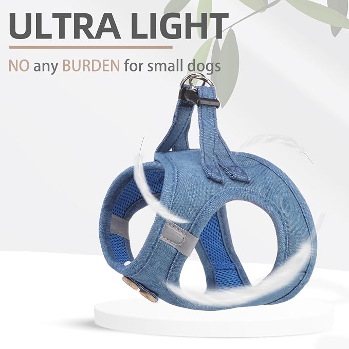 PUPTECK Dog Harness and Leash Set for Small Medium Dogs No Pull Step-in Soft Mesh Puppy Cat Vest Harnesses Reflective at Night, Denim Steelblue S