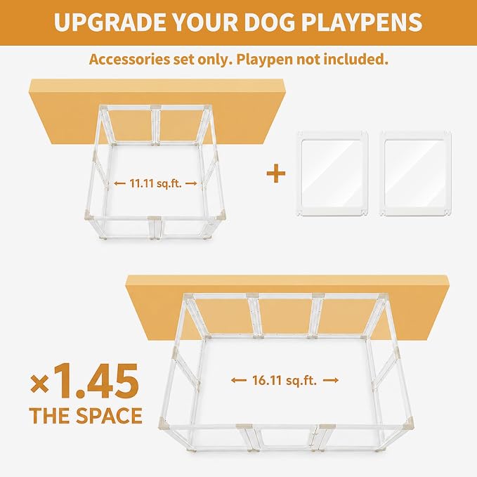 2PCS Extension Kit for Acrylic Dog Playpen Indoor, 23.6 Inch DIY Kit Expansion for Puppy Playpens with Easy Assemble, Easy Clean Acrylic Panels (White, 1 Panels + 1 Gate + 4 Khaki T-Buckles)