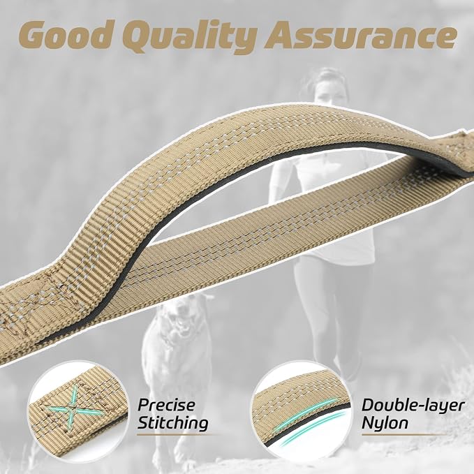 rabbitgoo Tactical Dog Leash, Heavy Duty Training Bungee Lead | Military Leash with 2 Padded Control Handles for Medium Large Dogs, No Pull for Shock Absorption, Reflective, Brown, 6FT