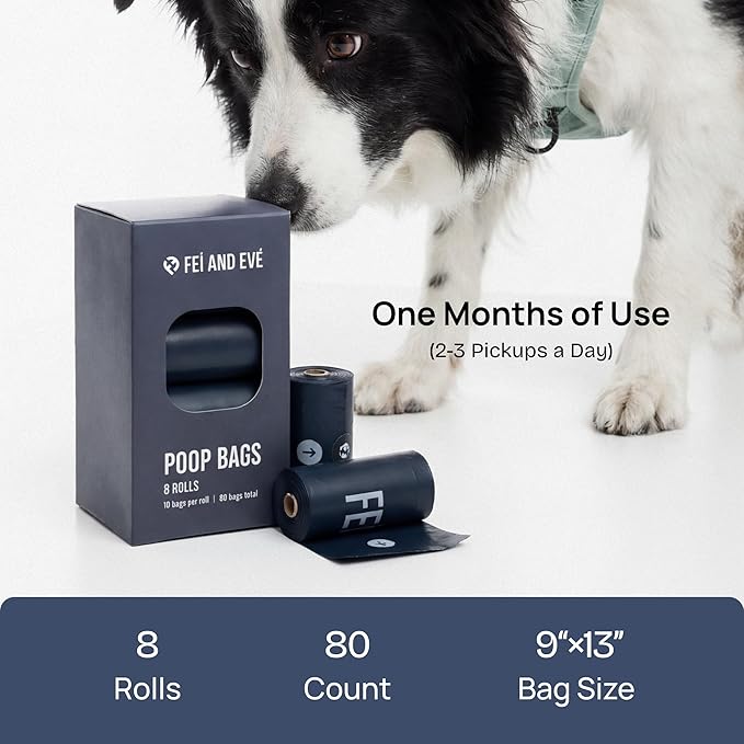 Fei & Eve Dog Poop Bags - Extra Thick 25 Micron & 100% Leak-Proof | Full Blackout & Odor-Locking | Stretch Resistant | Easy to Tear off | Waste Bags | Unscented | 8 Rolls