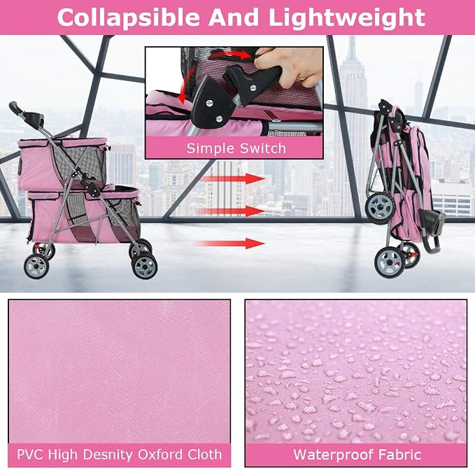 4-Wheel Folding Pet Stroller Carrier - Pink