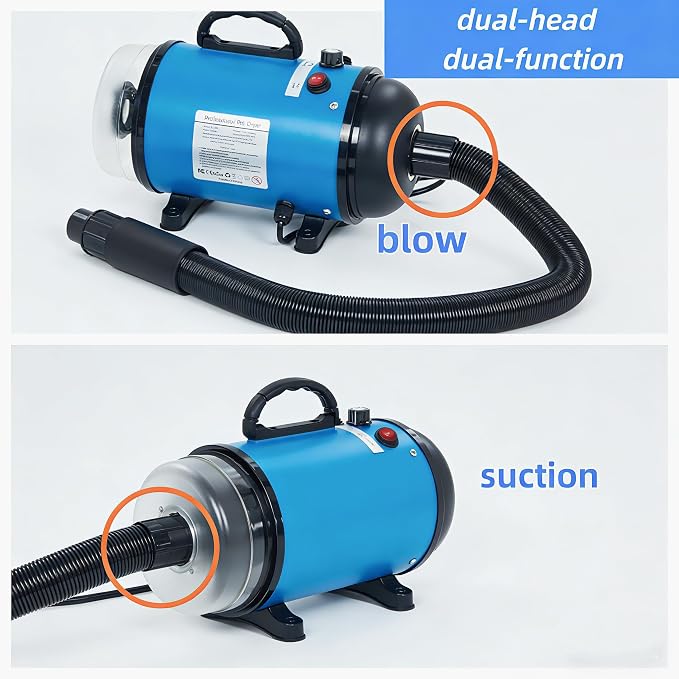 Upgraded 2-in-1 Pet Hair Dryer and Vacuum, Dog Grooming | with Switchable Hose, Adjustable Temp & Speed, Low Noise, 4 Nozzles,Brush, trim and deshed at home, less flying fur