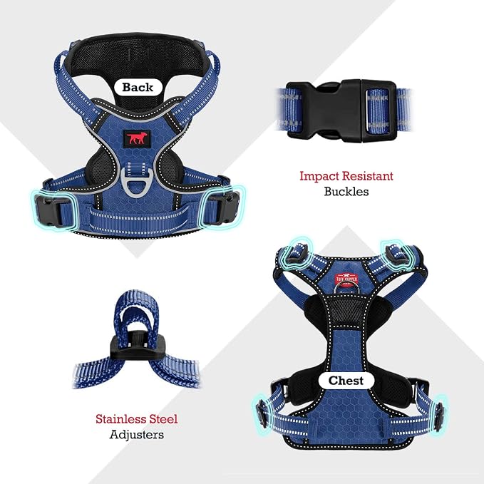 Tuff Pupper No Pull Easy Walk Dog Harness | Heavy Duty Pet Vest | Front & Back Leash Clips | Strong Safety Handle | Reflective Anti Pull Vest | Comfortable Padded Escape Proof Harness (Small, Blue)
