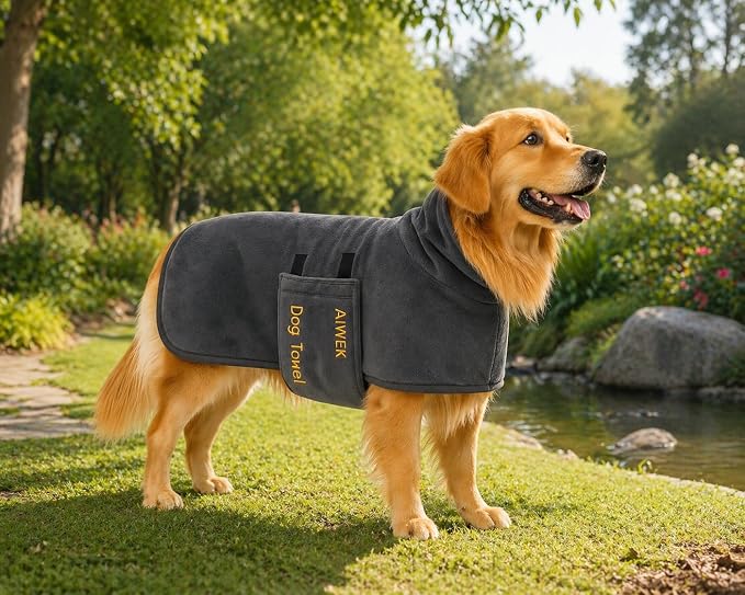 Dog Towel Dog Bathrobe, Microfiber Super Absorbent Pet, Quick Drying Robe for After Bath, Adjustable Collar & Belly Strap Pet Cat Bath Robe Towel Grey-L
