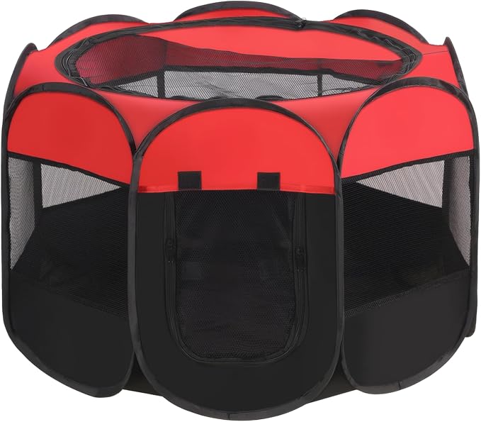 Octagonal Pet Playpen, 28.7 x 28.7 x 16.9 in Red Portable Pet Tent, Foldable Design for Indoor and Outdoor Use, Breathable Mesh with Zippered Door, Sturdy Oxford Fabric for Small Animals