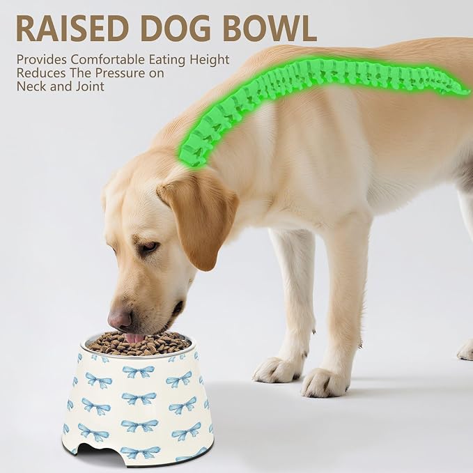 Blueangle Elevated Dog Bowls with Stainless Steel - Non-Slip 2.3 Cup High Capacity Pet Dish for Spinal Health & Watercolor Blue Bows Design（460）