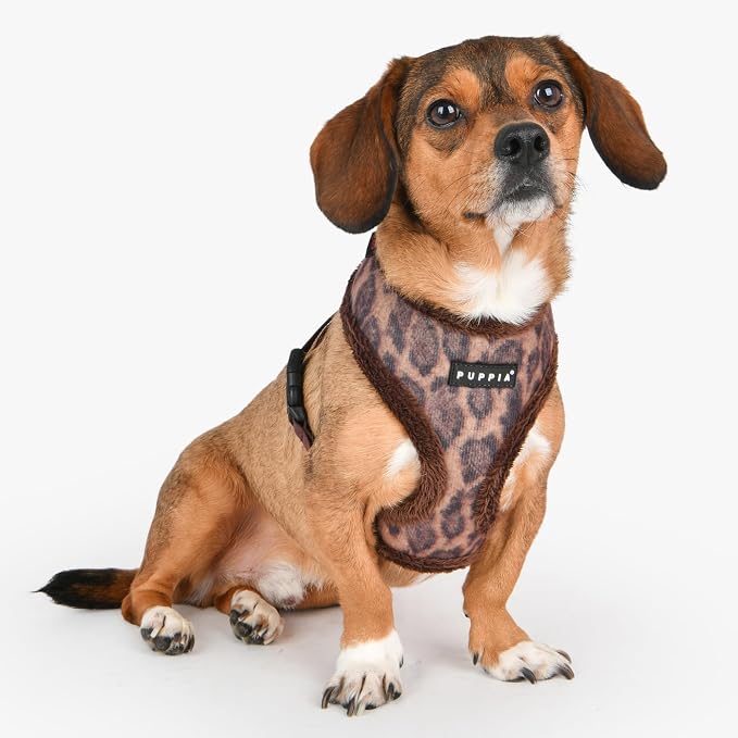 Puppia Kovo Dog Harness Over-The-Head Warm Winter Leopard Pattern Adjustable Chest for Small and Medium Dog, Brown, Medium