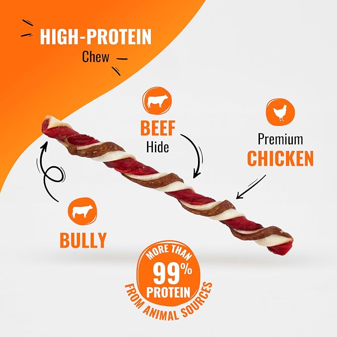 GOOD 'N' FUN Triple Flavor Twists with Bully Chews, High-Protein Dog Treat for All Adult Dogs, Made with Real Chicken, Beef Hide, Pork Hide, Bully & Beef Liver Flavor, 12 Count
