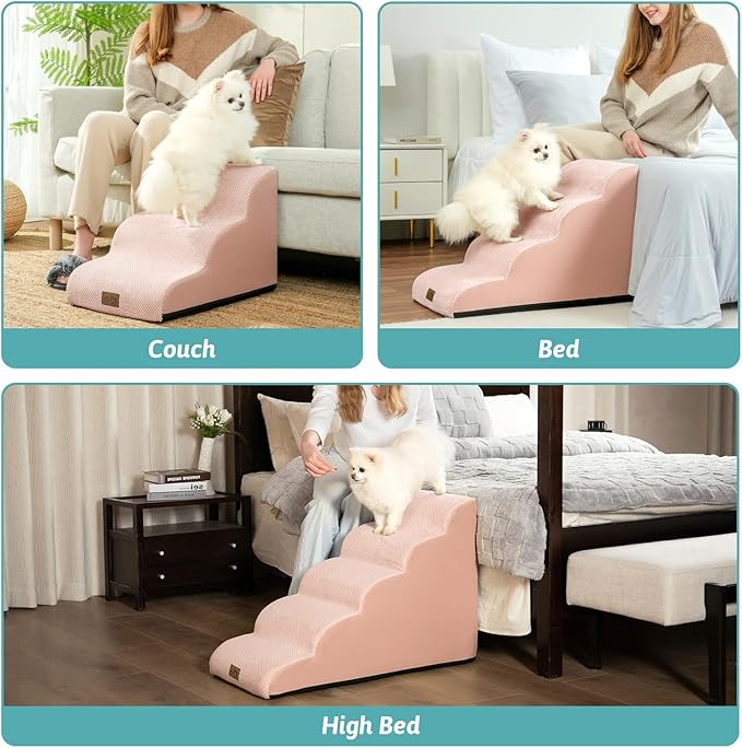COZY KISS Dog Stairs for Small Dogs 19.7" H, Curved Dog Step for Puppy, Older or Cat, Medium Pet Ramp for Sofa, Couch or Bed, Ladder with High Density Foam, 4 Step, 15.7x28.3x19.7 inch, Pink