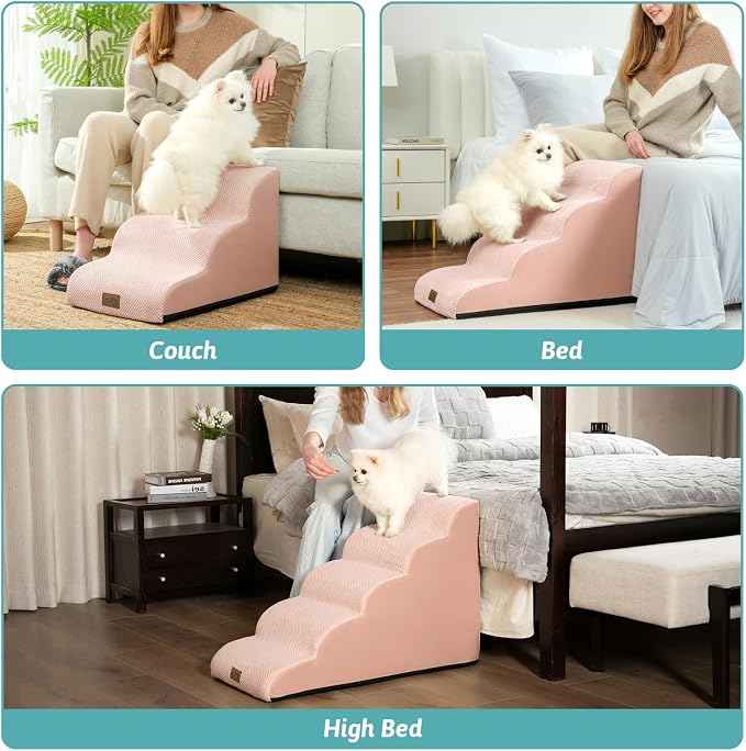 COZY KISS Dog Stairs for Small Dogs 15.7" H, Curved Dog Step for Puppy, Older Cat, Medium Pet Ramp for Sofa, Couch or Chair, Ladder with High Density Foam, 3 Step, 15.7x22.4x15.7 inch, Pink