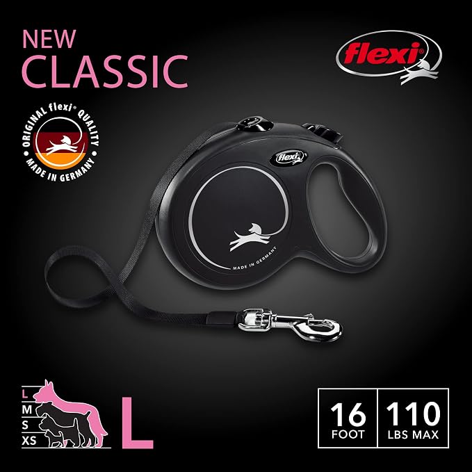 FLEXI® Classic Tape Retractable Dog Leash, Black, Large - 16 Feet (Tape) (Pack of 12)
