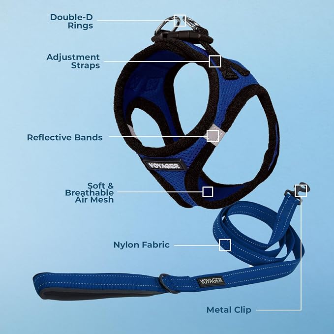 Voyager Step-in Air All Weather Mesh Harness and Reflective Dog 5 ft Leash Combo with Neoprene Handle, for Small, Medium and Large Breed Puppies by Best Pet Supplies - Blue, Large