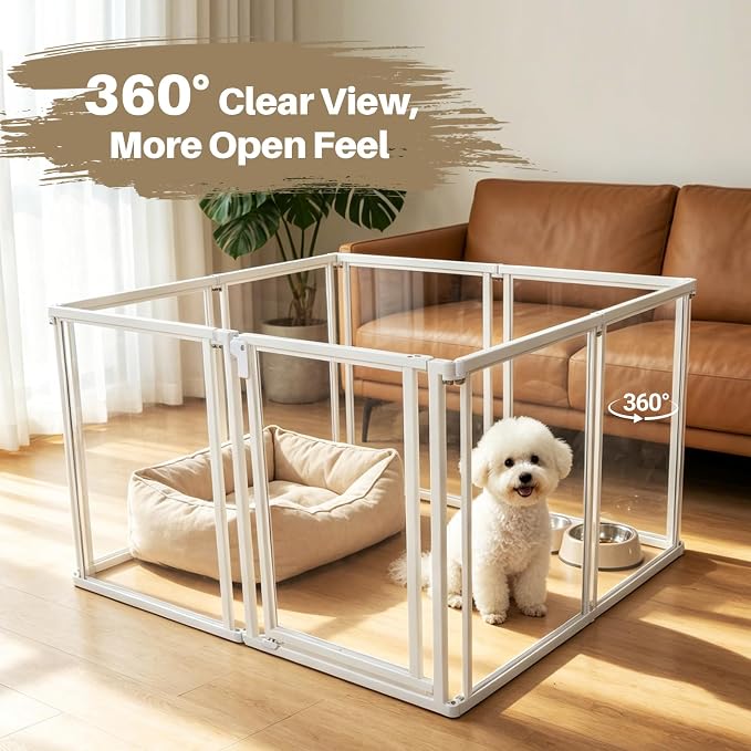 24" H Clear Dog Playpen Indoor, Metal Frame Acrylic Dog Play Pen Cage with Door - 8 Panels, Easy Assemble Pet Fence, DIY Foldable Puppy Pen for Ducks Cat Rabbit Small & Medium Pets- White