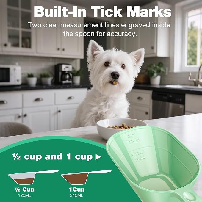 Dog Food Scoop 2 Pack, Pet Cup Capacity Cat Food Scooper With Measuring Lines For Dog, Puppy and Cat Coffee Bean, Flour Scoop Light Green
