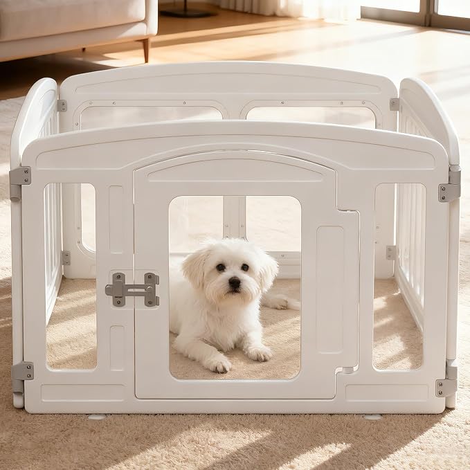 Clear Acrylic Dog Playpen Indoor, Height 24 inch, 6 Panels for Small and Puppy Dogs, White
