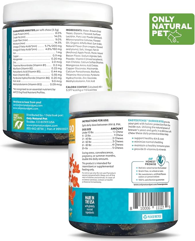 Only Natural Pet EasyDefense Barrier Bites Soft Flea Chews for Dogs - First Line of Defense Againts Fleas & Ticks, Boosts Immune System and Healthy Skin & Coat - (90 Bacon Flavored Soft Chews) 3 Pack