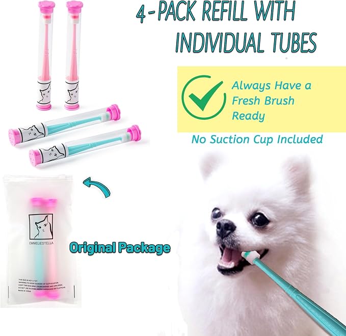 E.M&S.T by Emmeliestella Small Dog & Cat Toothbrush 360 Degree Soft Silicone, Cat Dental Care, Toothbrush Case, Easy to Handle, Independent Packaging, Refill Set, Light Blue&Light Pink 4PCS