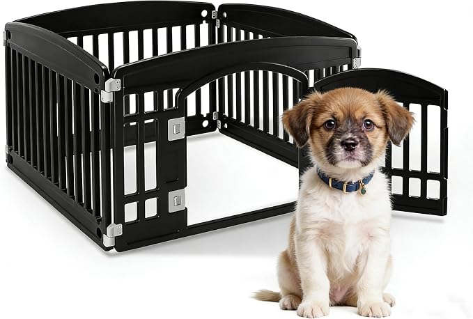 HealSmart 24 Inch 4-Panel Pet Playpen, Sturdy Dog Playpen with Safety Locking Door, Foldable & Portable Design for Puppies, Small & Medium Dogs, Black