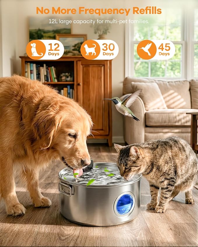 3.4Gal Wireless Automatic Dog Water Fountain for Large Dogs，12L Stainless Steel 3 Modes Dog Fountain Water Bowl Dispenser, Multi Large Pet Water Fountain Ultra Quiet & Multi-Filteration