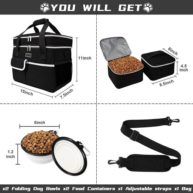 BAGLHER Dog Travel Bag, Double-Layer, with Food Containers & Bowls, Black