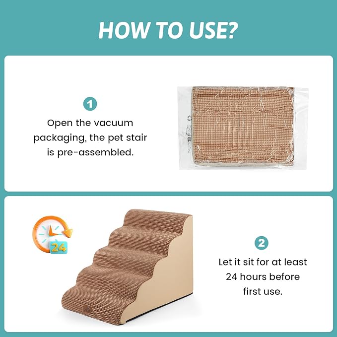 COZY KISS Extra Wide Dog Stair for Small Dog, 5 Step Pet Ramp for Bed | Curved Stable Dog Step for Puppy, Older Cat, Senior, Medium, Short-Legged Dog, Non-Slip Ladder for High Bed, Light Brown
