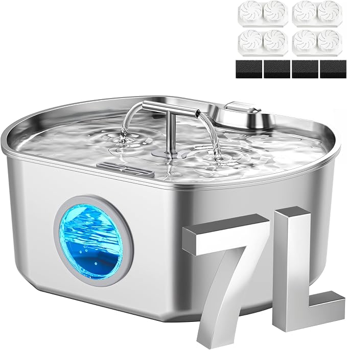 Cat Water Fountain Stainless Steel - Pet Drinking Fountain for Cats Indoor - 7L/236oz Automatic Water Dispenser with Watering Level Window (4 Filters)