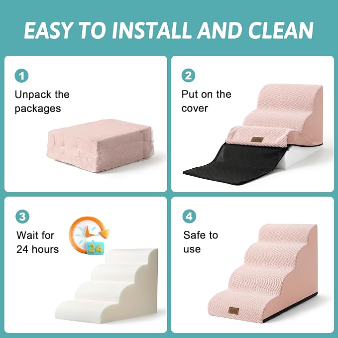 COZY KISS Dog Stairs for Small Dogs 19.7" H, Curved Dog Step for Puppy, Older or Cat, Medium Pet Ramp for Sofa, Couch or Bed, Ladder with High Density Foam, 4 Step, 15.7x28.3x19.7 inch, Pink