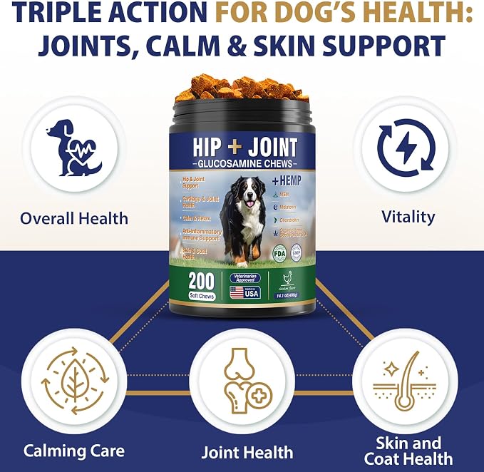 Hip and Joint Supplement for Dogs, 200ct Dog Hemp Calming Chews with Glucosamine, Msm, Chondroitin, Omega 3, Melatonin for Senior Dogs Anxiety, Pain Relief Anti Inflammatory Small/Medium/Large Breed